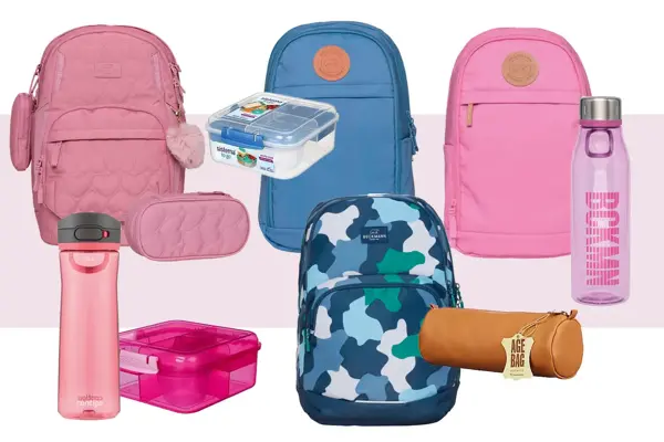 Beckmannsekker til 2.-7. klasse, gammelrosa, blå, rosa og kamomønstret. Rosa pennal, skinnpennal, rosa drikkeflasker og matbokser.