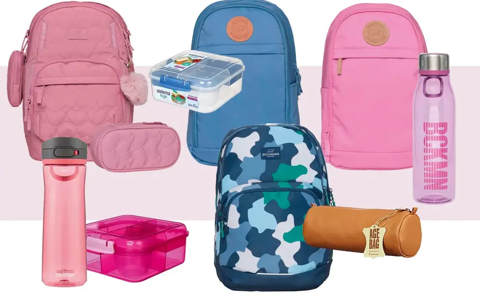 Beckmannsekker til 2.-7. klasse, gammelrosa, blå, rosa og kamomønstret. Rosa pennal, skinnpennal, rosa drikkeflasker og matbokser.