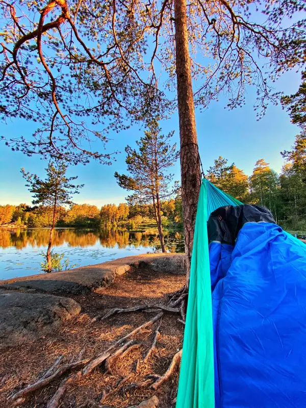 Utsnitt av hengekøye og utsikt over vann og natur