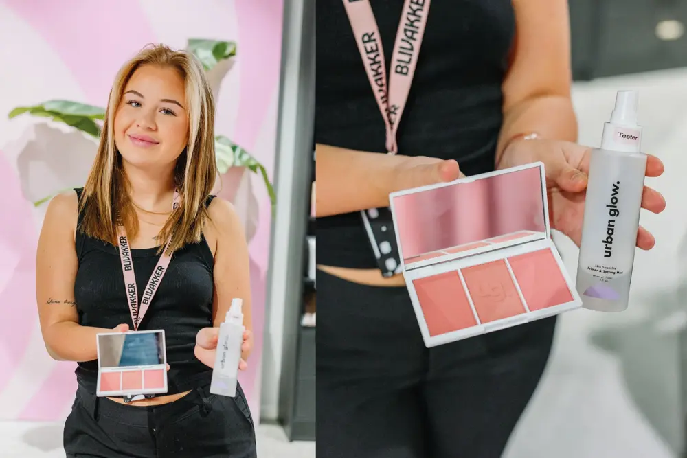 Dame som holder sminkeprodukter fra BliVakker