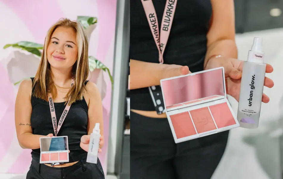 Dame som holder sminkeprodukter fra BliVakker