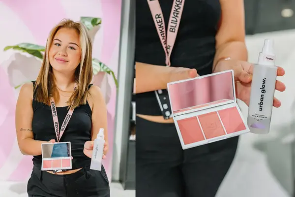 Dame som holder sminkeprodukter fra BliVakker