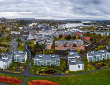 Aerial image of Sandvika. Sandvika is the administrative centre of the municipality of Bærum in Norway. Sandvika is located 15 kilometers west of Oslo. Sandvika has Scandinavia's largest super mall, Sandvika Storsenter. This image was taken with a drone in October 2017.