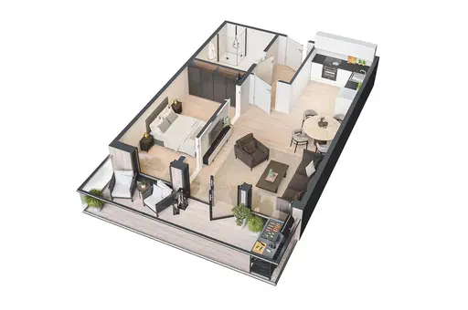 3D plantegning for Strømmen Verksteds 2-roms leiligheter