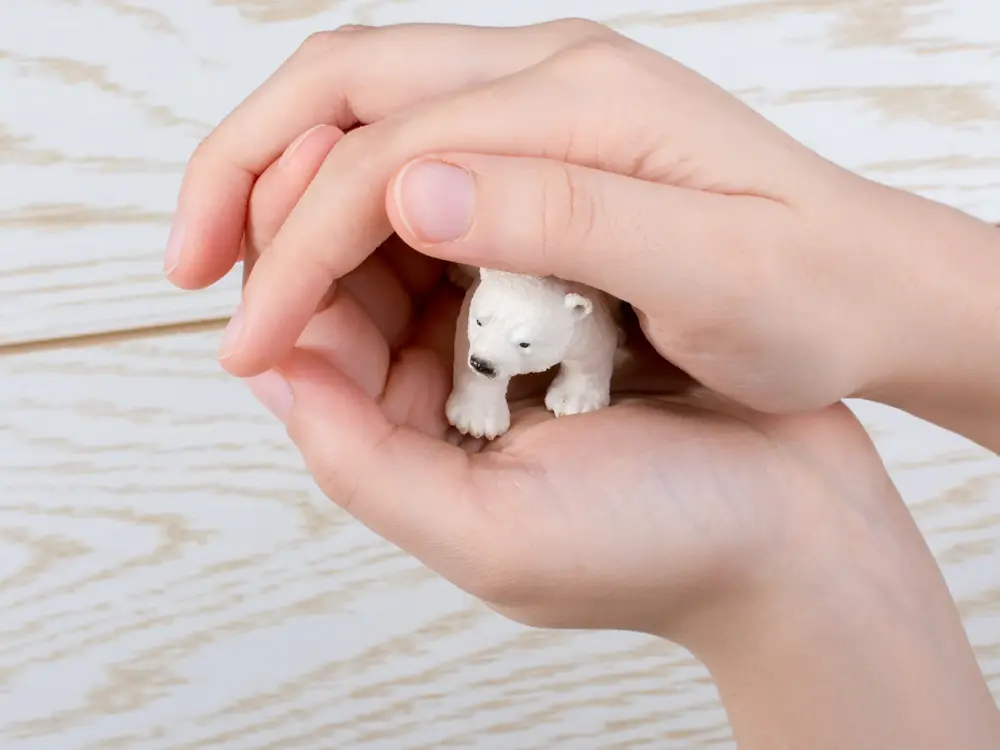 Hand holding a Polar bear model on a wooden background