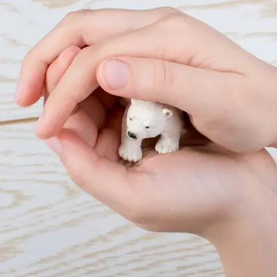 Hand holding a Polar bear model on a wooden background
