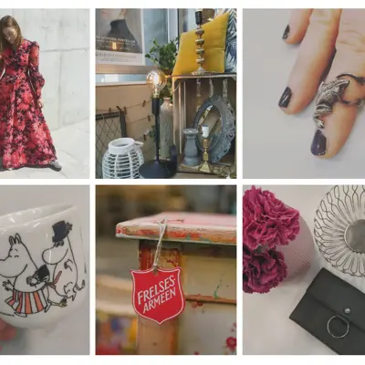 Fretex kollage med kjole, kopp, ring, lamper, bord og veske