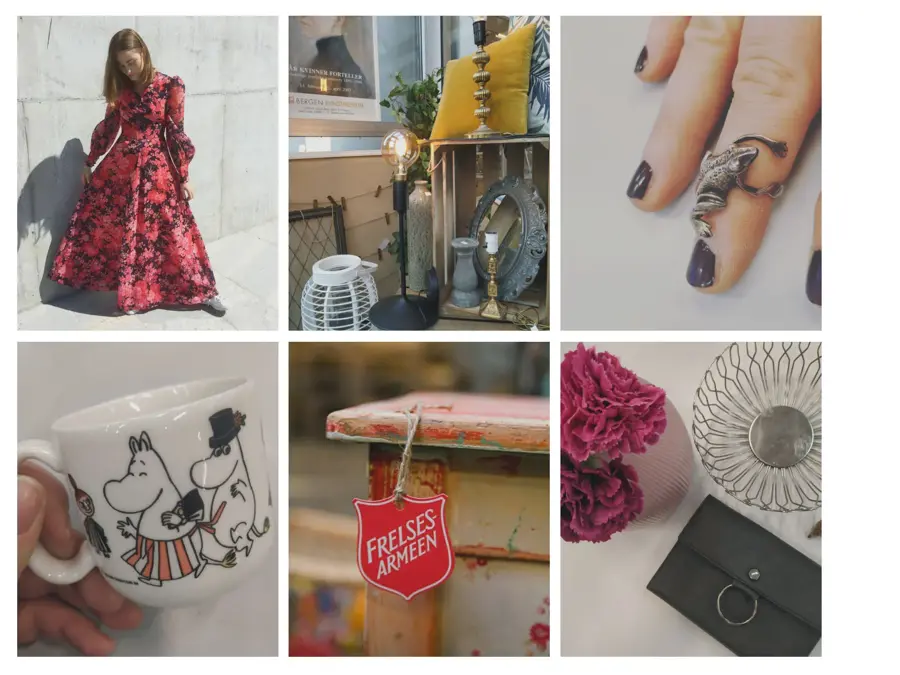 Fretex kollage med kjole, kopp, ring, lamper, bord og veske