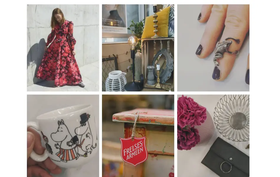 Fretex kollage med kjole, kopp, ring, lamper, bord og veske