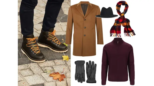  kollasj av vintersko, kåpe, hatt, skjerf, turtleneck-genser og skinnhansker