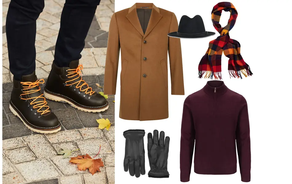  kollasj av vintersko, kåpe, hatt, skjerf, turtleneck-genser og skinnhansker