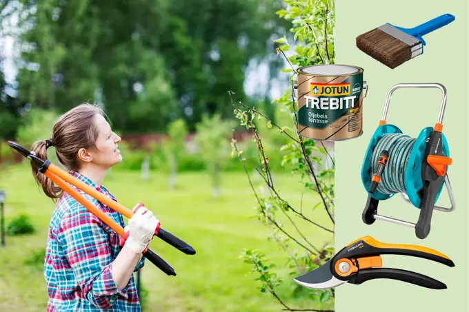 Dame holder en hekkesaks og ser mot et tre. Spann med beis, beisepensel, bæskjæringssaks og vannslange