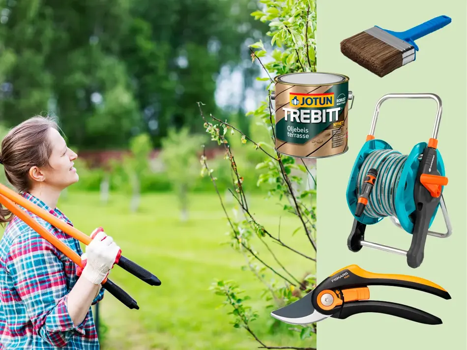 Dame holder en hekkesaks og ser mot et tre. Spann med beis, beisepensel, bæskjæringssaks og vannslange