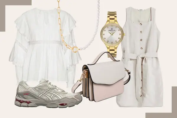 hvit langermet bluse, kjede med perler, gullklokke, beige linkjole, Asics sneakers, beige skulderveske