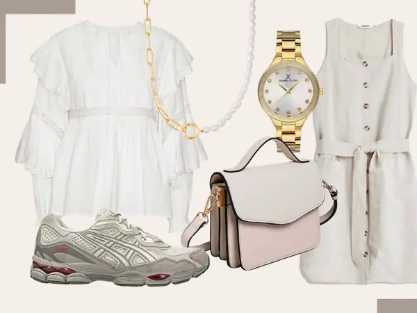 hvit langermet bluse, kjede med perler, gullklokke, beige linkjole, Asics sneakers, beige skulderveske