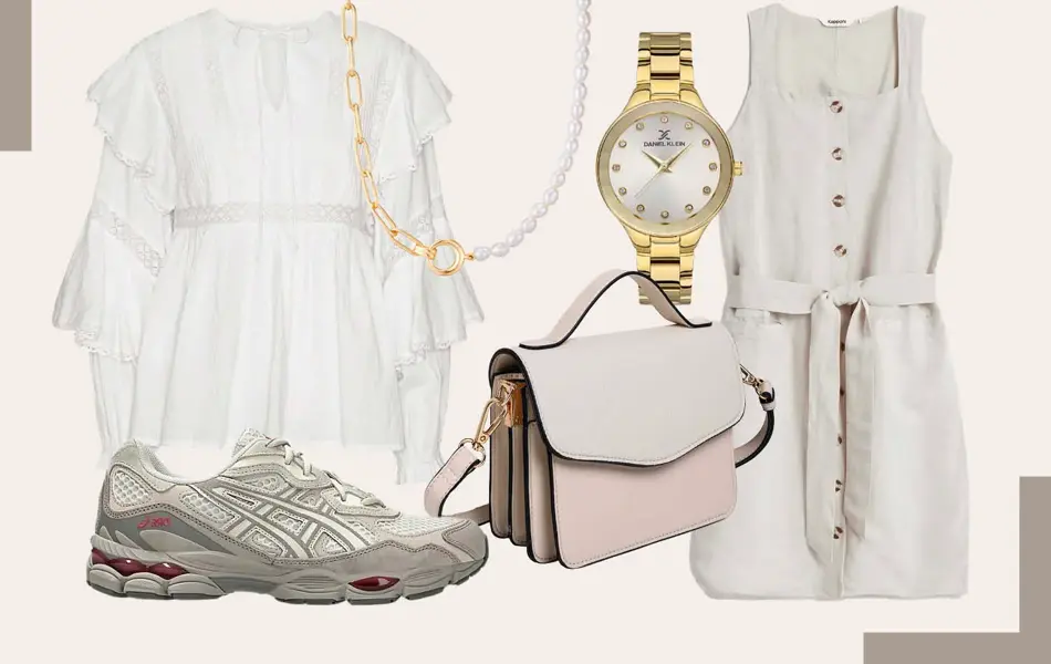 hvit langermet bluse, kjede med perler, gullklokke, beige linkjole, Asics sneakers, beige skulderveske