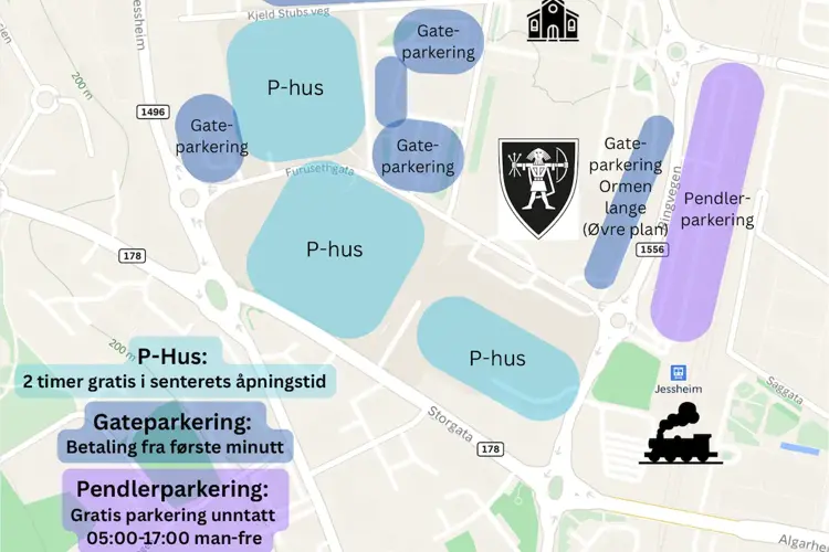 Oversikt over parkering i Jessheim sentrum julen 2025