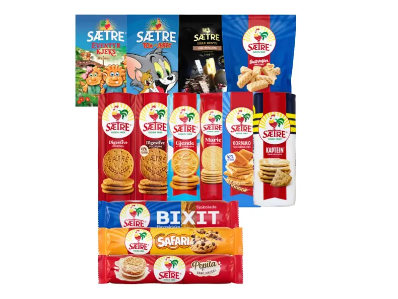 Assortert kjekspakke fra Sætre — flere ruller og småpakker med ulike kjeks og vafler (Digestive, Marie, Bixit, Safari m.fl.).
