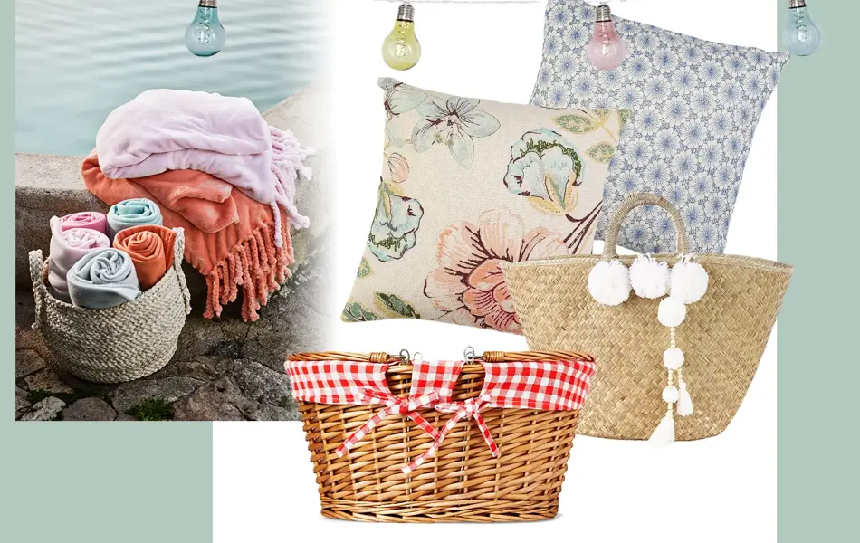 Kollasj av piknik-utstyr