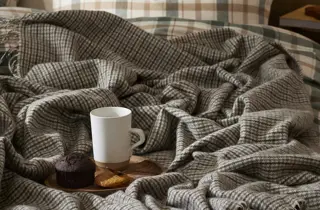 En muffin og kaffekopp står oppe på et lite brett som står på en sneg med et ullpledd over.