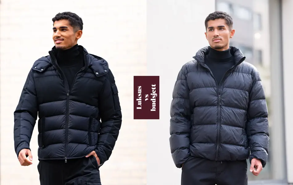 Den ene av disse jakkene koster tjue ganger mer enn den andre. Ser du forskjellen? Swipe for svaret.