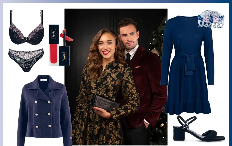 Sort undertøysett, rød lipgloss, blå dobbeltspent strikkejakke, dame- og herremodell i pentøy som står ved siden av hverandre, blå kjole, hårklype og sorte sandaler med hæl.