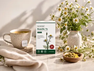 En boks med kammille te fra Kloster står ved siden av en kopp med te og en vase med blomster.