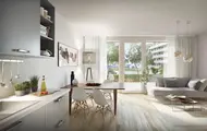 3D-illustrasjon av stue i Storotunet med hvite vegger, store vinduer og treparkett