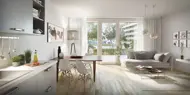 3D-illustrasjon av stue i Storotunet med hvite vegger, store vinduer og treparkett