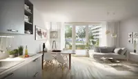 3D-illustrasjon av stue i Storotunet med hvite vegger, store vinduer og treparkett