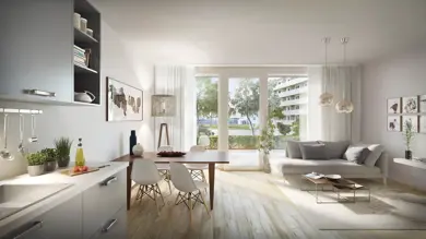 3D-illustrasjon av stue i Storotunet med hvite vegger, store vinduer og treparkett