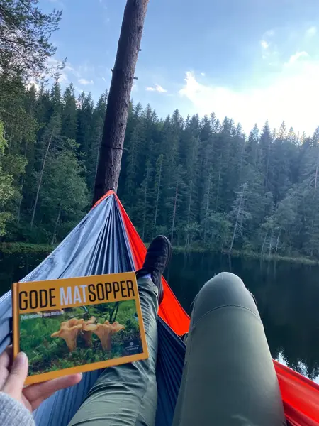 Dame som ligger i hengekøye og leser "Gode Mat Sopper"