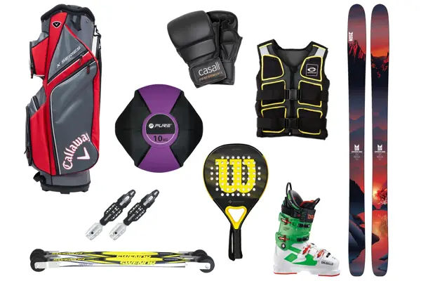 kollasj med diverse utstyr til å trene hjemme