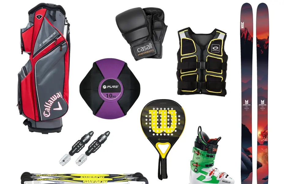 kollasj med diverse utstyr til å trene hjemme