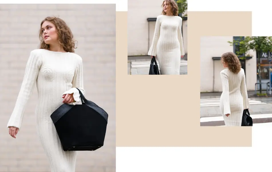 Kjole fra Adoore, Follestad kr 2.299,- // veske fra Camilla Pihl, Høyer kr 4.799,-