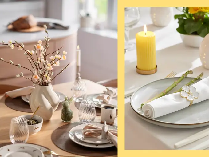 Dekket bord med servise, vase med grener og tente lys. Kuvert på bord med hvit duk, serviettring, gult kubbelys og plante.