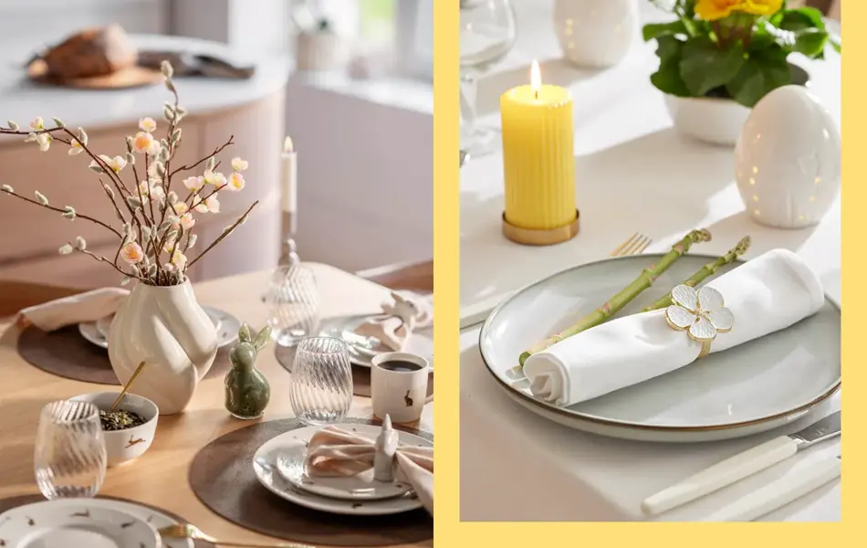 Dekket bord med servise, vase med grener og tente lys. Kuvert på bord med hvit duk, serviettring, gult kubbelys og plante.