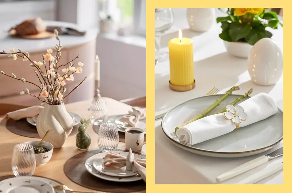 Dekket bord med servise, vase med grener og tente lys. Kuvert på bord med hvit duk, serviettring, gult kubbelys og plante.