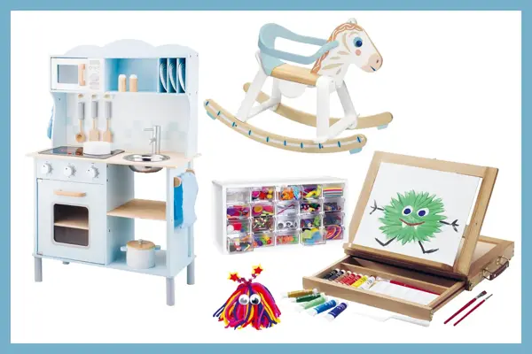 Lekekjøkken, gyngehest, staffeli, hobbyskrin