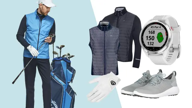 Mann med golfklær og utstyr / tilbehør til golf: vest, jakke, klokke og sko