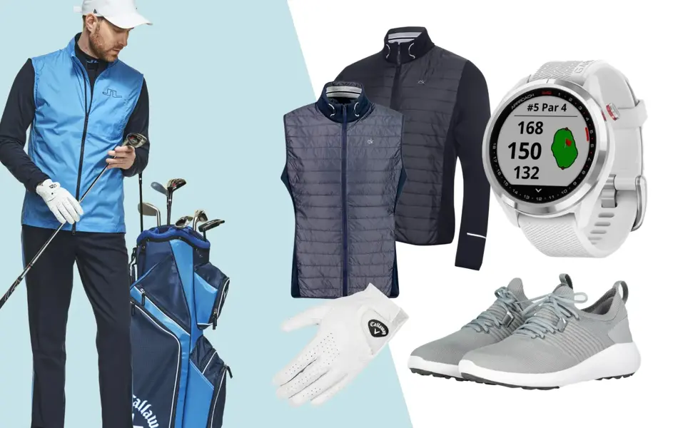 Mann med golfklær og utstyr / tilbehør til golf: vest, jakke, klokke og sko