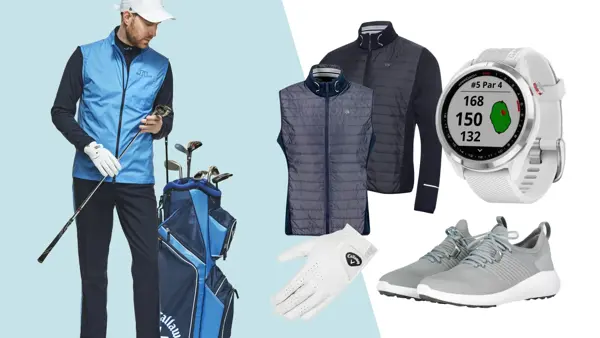 Mann med golfklær og utstyr / tilbehør til golf: vest, jakke, klokke og sko