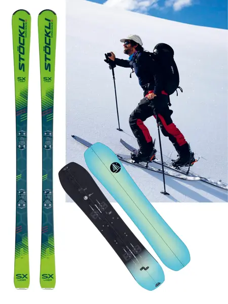 Stöckli håndlagde alpinski, splitboardski og mann  med sekk og skiutstyr går oppover et snødekt fjell.