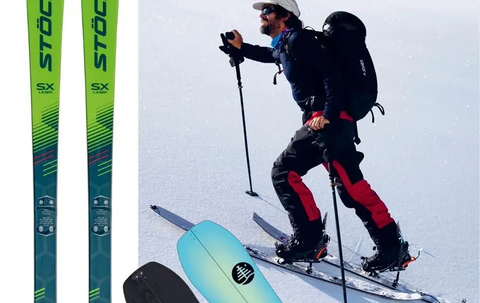 Stöckli håndlagde alpinski, splitboardski og mann  med sekk og skiutstyr går oppover et snødekt fjell.