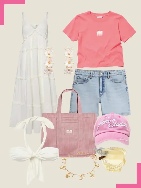 Hvit lang kjole, blomterøreringer, rosa t-skjorte, jeansshorts, rosa veske, rosa caps, hvit bikinitopp, gull armlenke, gul hårklype.