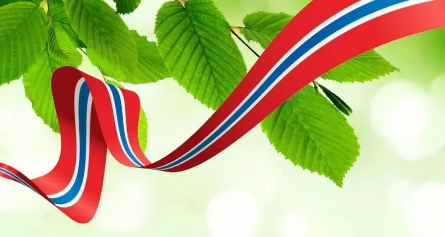 flaggbanner og grønt løv