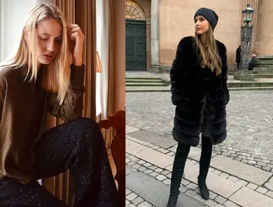to miljøbilder av modeller i fine vinterlige antrekk, både inne og ute på gata