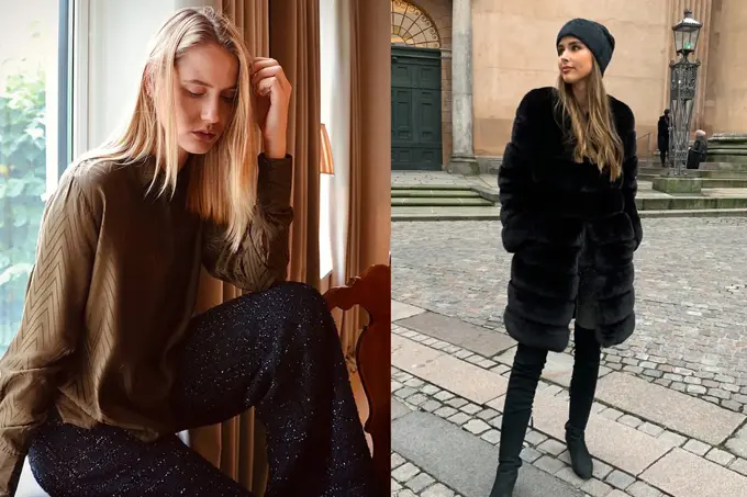 to miljøbilder av modeller i fine vinterlige antrekk, både inne og ute på gata