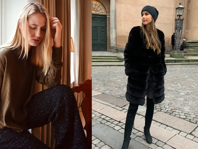 to miljøbilder av modeller i fine vinterlige antrekk, både inne og ute på gata