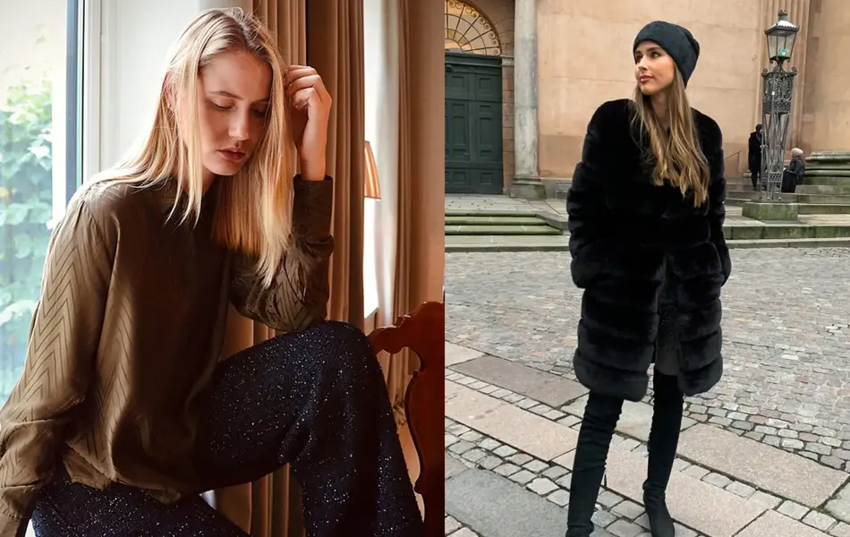 to miljøbilder av modeller i fine vinterlige antrekk, både inne og ute på gata